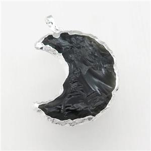 black Obsidian moon pendant, hammered, silver plated, approx 25-30mm [GM16518]