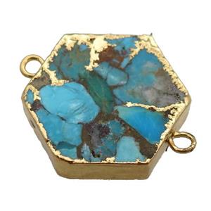 blue Mosaic Turquoise connector, hexagon, gold plated, approx 20mm [GM16535]