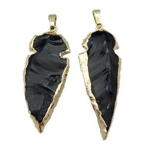black Obsidian arrowhead pendant, hammered, gold plated, approx 18-40mm [GM16602]