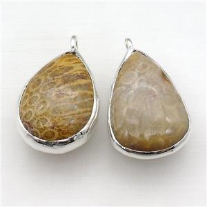 Coral Fossil teardrop pendant, silver plated, approx 30-50mm [GM16604]
