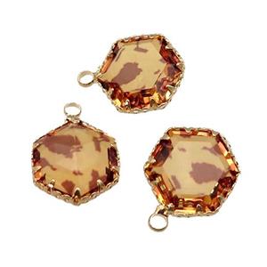 orange Crystal Glass hexagon pendant, gold plated, approx 16mm [GM16658]