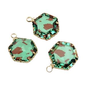 green Crystal Glass hexagon pendant, gold plated, approx 16mm [GM16659]