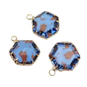 blue Crystal Glass hexagon pendant, gold plated, approx 16mm [GM16660]