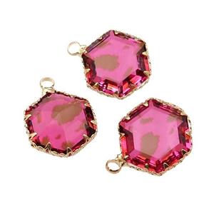 hotpink Crystal Glass hexagon pendant, gold plated, approx 16mm [GM16661]