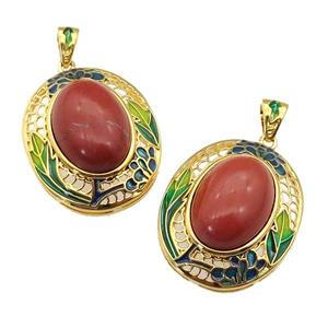 copper Oval pendant with red jasper, enamel, gold plated, approx 13-18mm, 23-28mm, 3mm hole [GM16696]