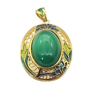copper Oval pendant with green agate, enamel, gold plated, approx 13-18mm, 23-28mm, 3mm hole [GM16697]