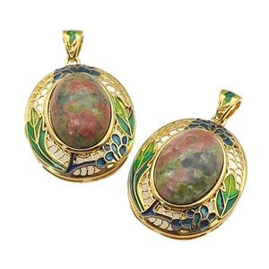 copper Oval pendant with unakite, enamel, gold plated, approx 13-18mm, 23-28mm, 3mm hole [GM16698]
