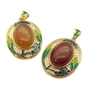 copper Oval pendant with carnelian, enamel, gold plated, approx 13-18mm, 23-28mm, 3mm hole [GM16699]