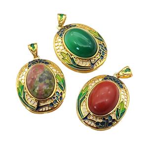 copper Oval pendant with gemstone, enamel, gold plated, mixed, approx 13-18mm, 23-28mm, 3mm hole [GM16700]
