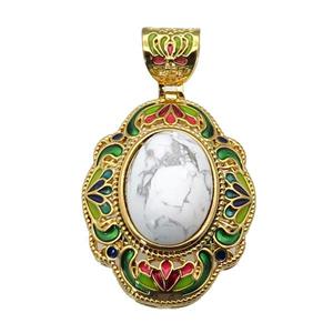 copper Oval pendant with white howlite, enamel, gold plated, approx 13-18mm, 26-33mm, 6mm hole [GM16701]