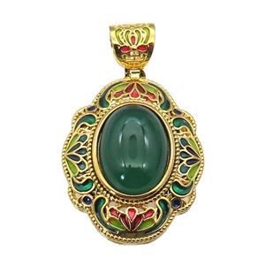 copper Oval pendant with green agate, enamel, gold plated, approx 13-18mm, 26-33mm, 6mm hole [GM16702]