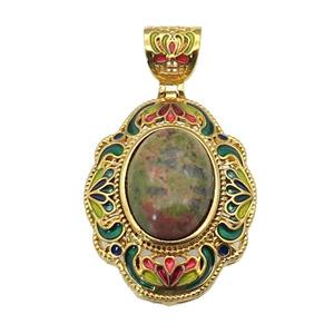 copper Oval pendant with unakite, enamel, gold plated, approx 13-18mm, 26-33mm, 6mm hole [GM16703]