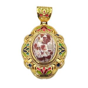 copper Oval pendant with ocean jasper, enamel, gold plated, approx 13-18mm, 26-33mm, 6mm hole [GM16704]