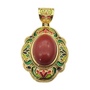 copper Oval pendant with red jasper, enamel, gold plated, approx 13-18mm, 26-33mm, 6mm hole [GM16705]
