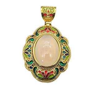 copper Oval pendant with yellow jade, enamel, gold plated, approx 13-18mm, 26-33mm, 6mm hole [GM16706]