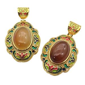 copper Oval pendant with carnelian, enamel, gold plated, approx 13-18mm, 26-33mm, 6mm hole [GM16707]
