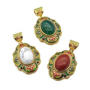 copper Oval pendant with gemstone, enamel, gold plated, mixed, approx 13-18mm, 26-33mm, 6mm hole [GM16708]