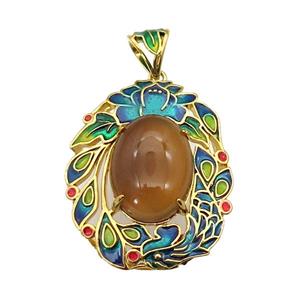 copper Oval pendant with carnelian, enamel, gold plated, approx 13-18mm, 28-36mm, 5mm hole [GM16709]