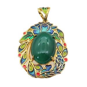 copper Oval pendant with green agate, enamel, gold plated, approx 13-18mm, 28-36mm, 5mm hole [GM16710]