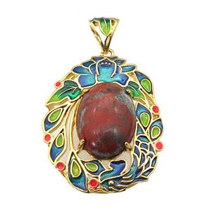copper Oval pendant with red jasper, enamel, gold plated, approx 13-18mm, 28-36mm, 5mm hole [GM16712]