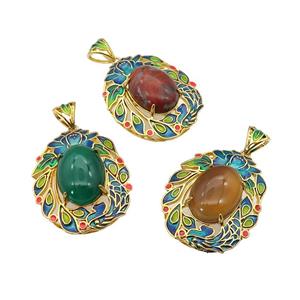 copper Oval pendant with gemstone, enamel, gold plated, mixed, approx 13-18mm, 28-36mm, 5mm hole [GM16713]