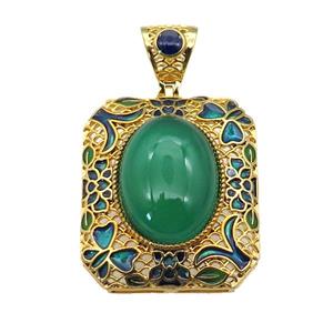 copper Rectangle pendant with green agate, enamel, gold plated, approx 13-18mm, 27-32mm, 5mm hole [GM16714]