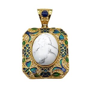 copper Rectangle pendant with howlite, enamel, gold plated, approx 13-18mm, 27-32mm, 5mm hole [GM16715]
