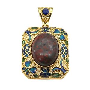 copper Rectangle pendant with red jasper, enamel, gold plated, approx 13-18mm, 27-32mm, 5mm hole [GM16716]