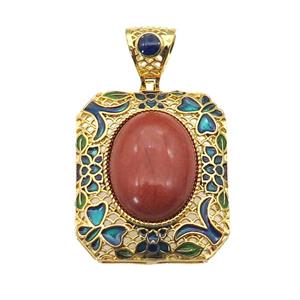 copper Rectangle pendant red jasper, enamel, gold plated, approx 13-18mm, 27-32mm, 5mm hole [GM16717]