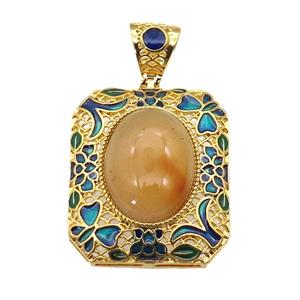 copper Rectangle pendant with yellow jade, enamel, gold plated, approx 13-18mm, 27-32mm, 5mm hole [GM16718]