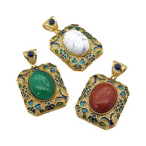 copper Rectangle pendant with gemstone, enamel, gold plated, mixed, approx 13-18mm, 27-32mm, 5mm hole [GM16719]