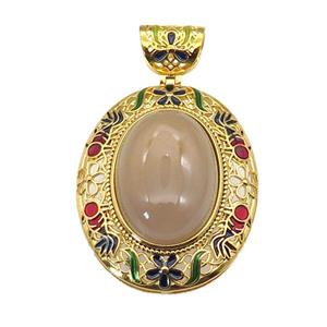 copper Oval pendant with agate, enamel, gold plated, approx 18-25mm, 33-40mm, 6mm holle [GM16720]