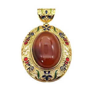 copper Oval pendant with carnelian, enamel, gold plated, approx 18-25mm, 33-40mm, 6mm holle [GM16721]