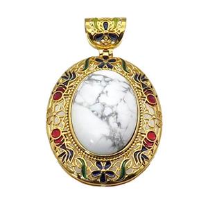 copper Oval pendant with howlite, enamel, gold plated, approx 18-25mm, 33-40mm, 6mm holle [GM16722]