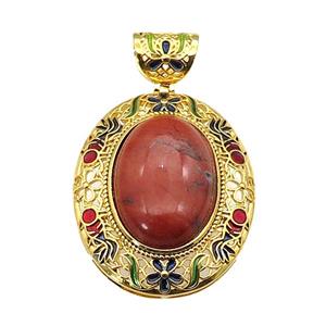 copper Oval pendant with red jasper, enamel, gold plated, approx 18-25mm, 33-40mm, 6mm holle [GM16723]
