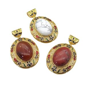 copper Oval pendant with gemstone, enamel, gold plated, mixed, approx 18-25mm, 33-40mm, 6mm holle [GM16724]