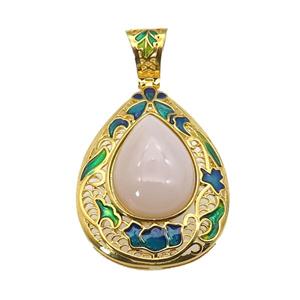copper Teardrop pendant with gemstone, enamel, gold plated, approx 15-20mm, 27-35mm, 6mm hole [GM16725]