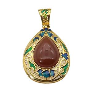 copper Teardrop pendant with carnelian, enamel, gold plated, approx 15-20mm, 27-35mm, 6mm hole [GM16726]
