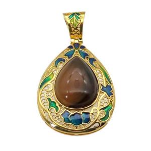 copper Teardrop pendant with tigereye, enamel, gold plated, approx 15-20mm, 27-35mm, 6mm hole [GM16727]