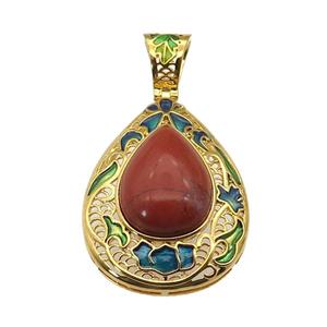 copper Teardrop pendant with red jasper, enamel, gold plated, approx 15-20mm, 27-35mm, 6mm hole [GM16728]