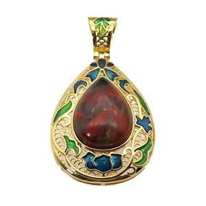copper Teardrop pendant with red jasper, enamel, gold plated, approx 15-20mm, 27-35mm, 6mm hole [GM16729]