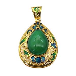 copper Teardrop pendant with green agate, enamel, gold plated, approx 15-20mm, 27-35mm, 6mm hole [GM16730]