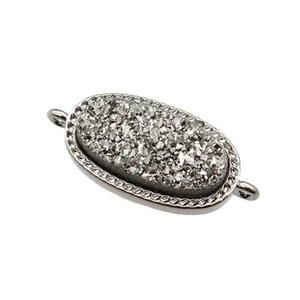 silver druzy quartz oval connector, platinum plated, approx 10-16.5mm [GM16806]