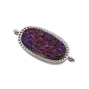 purple druzy quartz oval connector, platinum plated, approx 10-16.5mm [GM16808]