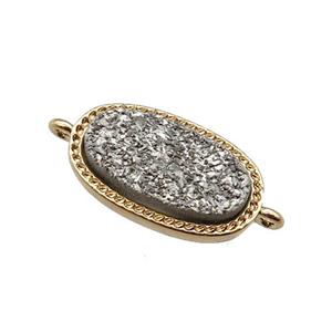 silver druzy quartz oval connector, gold plated, approx 10-16.5mm [GM16814]