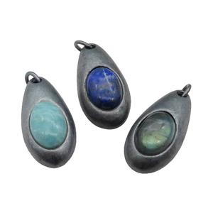 copper teardrop pendant with Gemstone, antique bronze, mixed, approx 15-30mm [GM16863]