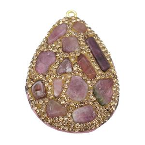 pink Tourmaline teardrop pendant paved rhinestone, approx 30-40mm [GM16937]