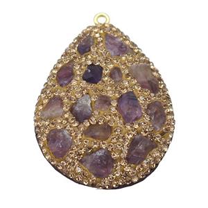Amethyst teardrop pendant pave yellow rhinestone, approx 30-40mm [GM16939]
