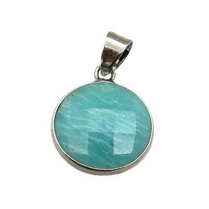 green Russian Amazonite circle pendant, platinum plated, approx 16mm dia [GM16996]