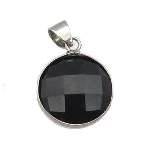 black Onyx Agate circle pendant, platinum plated, approx 16mm dia [GM16999]
